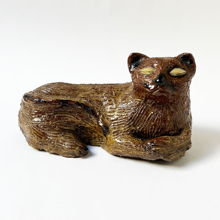 Vintage Reclining Cat Hand Built Ceramic Sculpture