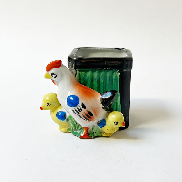 Vintage Hen & Chicks Ceramic Pencil Holder Decorative Object Made in Japan