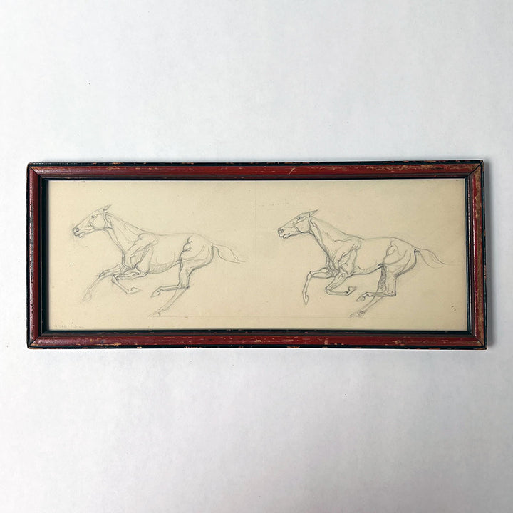 Two Galloping Horses Original Vintage Pencil Drawing in Wood Frame