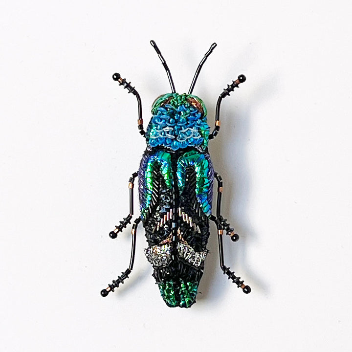 Beaded Black & Blue Iridescent Beetle Embroidered Pin