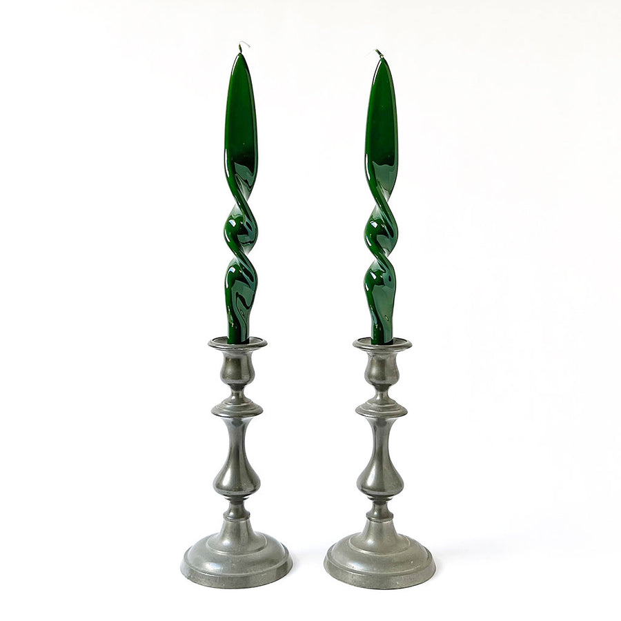 Italian Lacquered Spiral Taper Candle Forest Green, Set of 2