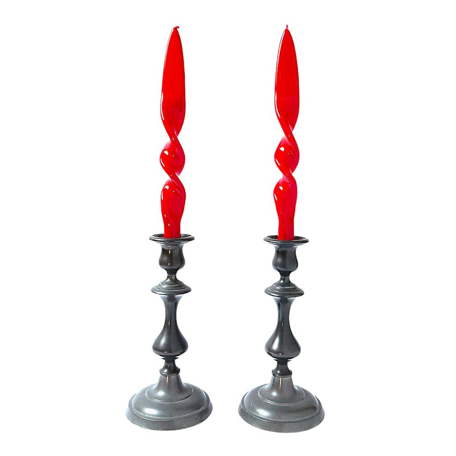 Italian Lacquered Spiral Taper Candle Candy Apple Red, Set of 2