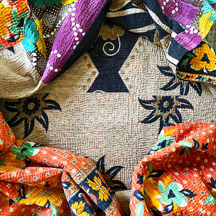 Vintage Kantha Reversible Cotton Throw Blanket (A19)