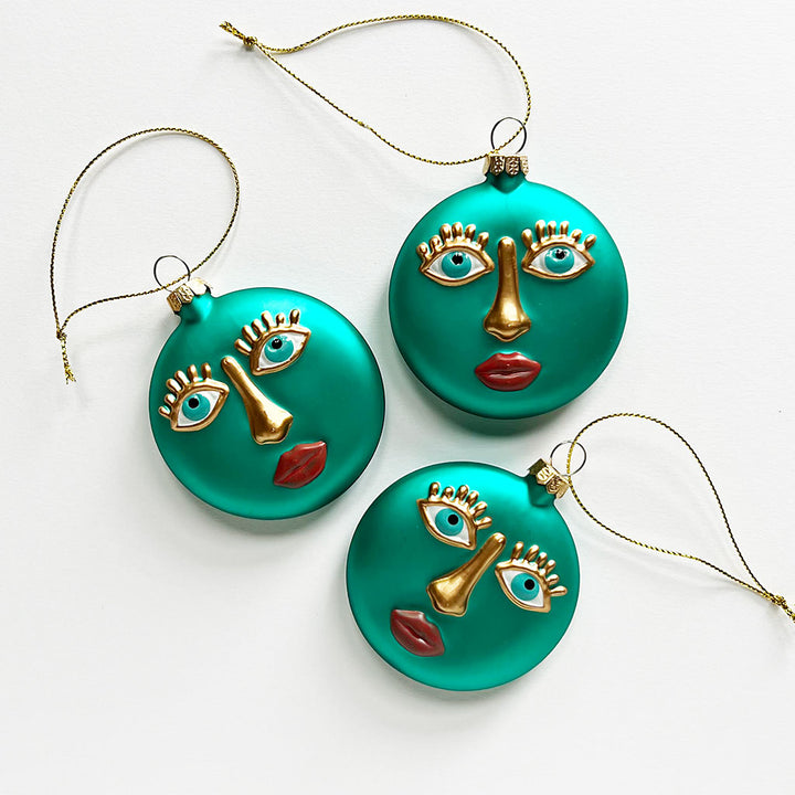 Eyelash Face Glass Ornament Teal