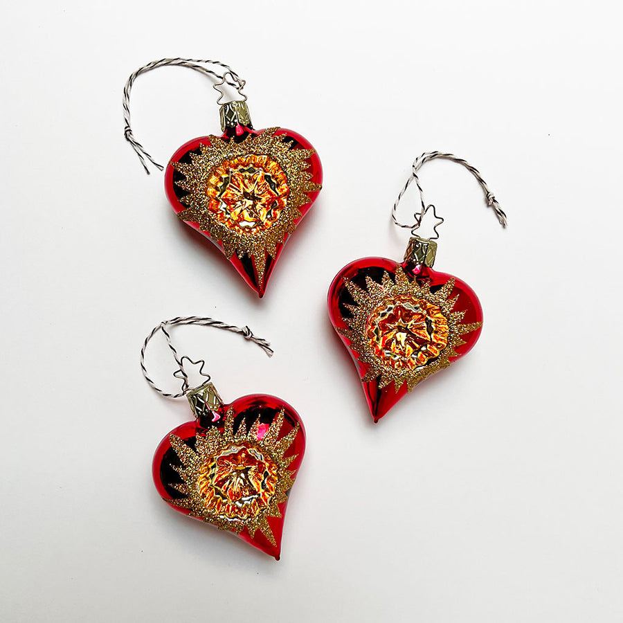 Golden Starburst Red Heart Glass Ornament