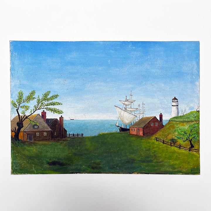 Original Seaside Landscape with Ships and Lighthouse Painting on Board