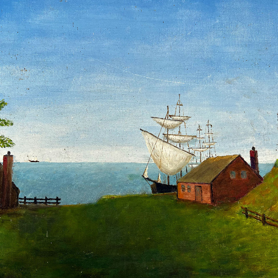 Original Seaside Landscape with Ships and Lighthouse Painting on Board