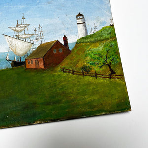 Original Seaside Landscape with Ships and Lighthouse Painting on Board