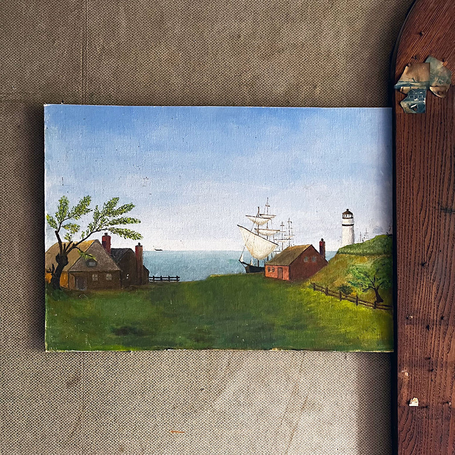 Original Seaside Landscape with Ships and Lighthouse Painting on Board