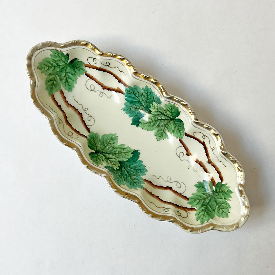 Vintage Hand-Painted Oblong Bowl with Leaves and Branches