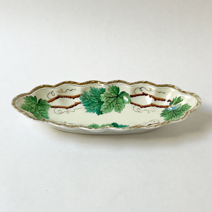 Vintage Hand-Painted Oblong Bowl with Leaves and Branches