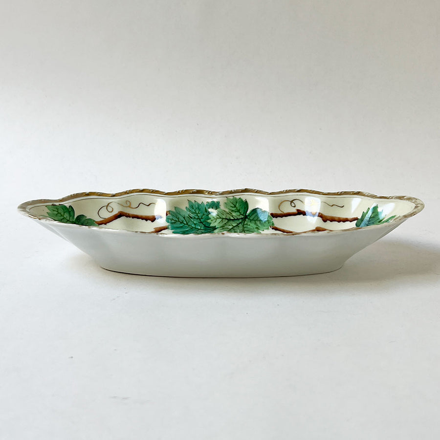 Vintage Hand-Painted Oblong Bowl with Leaves and Branches