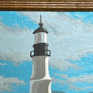 Original Landscape with Lighthouse Painting on Board Vintage Art