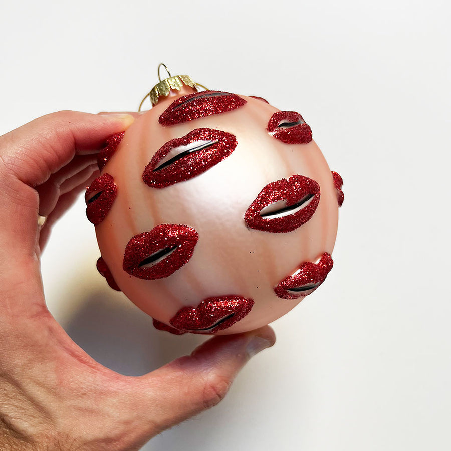 Surreal Pale Pink Ball with Red Glitter Lips Glass Ornament