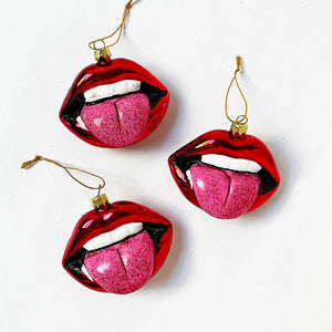 Mouth with Glitter Tongue Glass Ornament