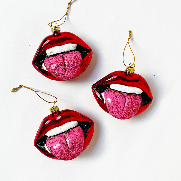 Mouth with Glitter Tongue Glass Ornament