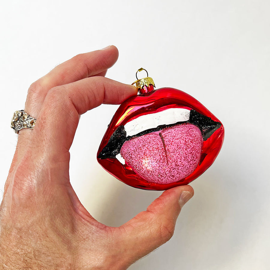 Mouth with Glitter Tongue Glass Ornament