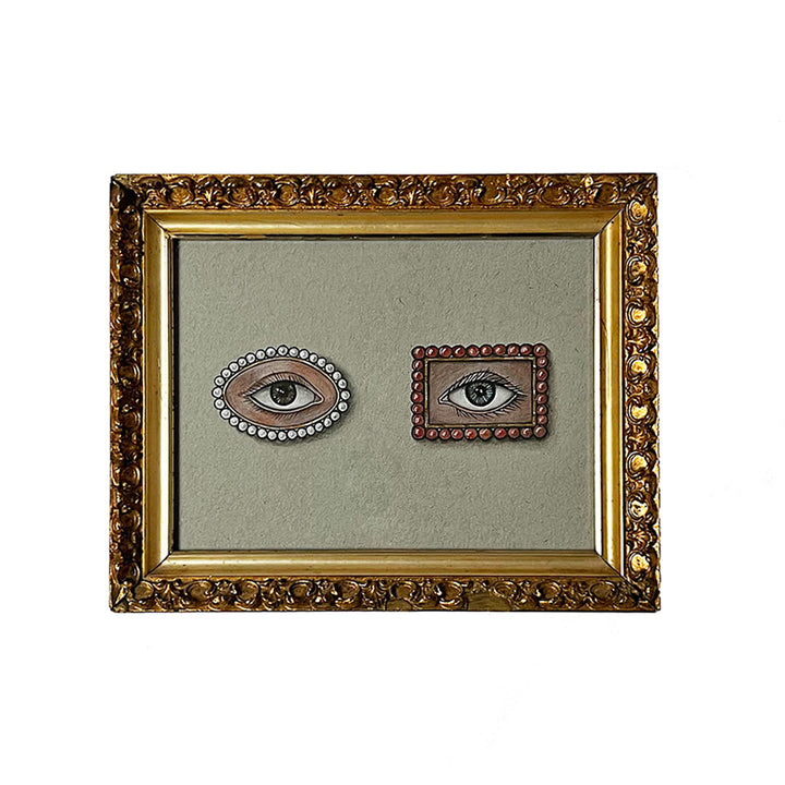 Don Carney Lover's Eyes with Coral & Pearl Beads Art Print in Vintage Gold Tone Frame