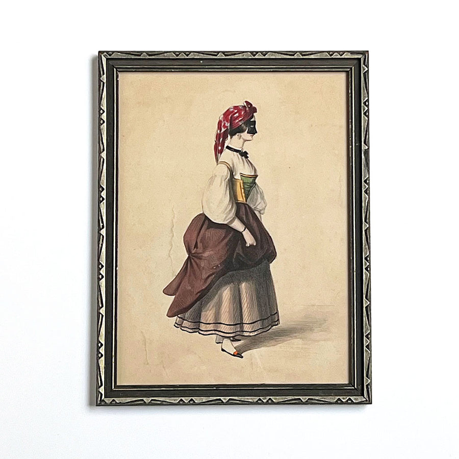 Woman with Mask Print in Vintage Frame