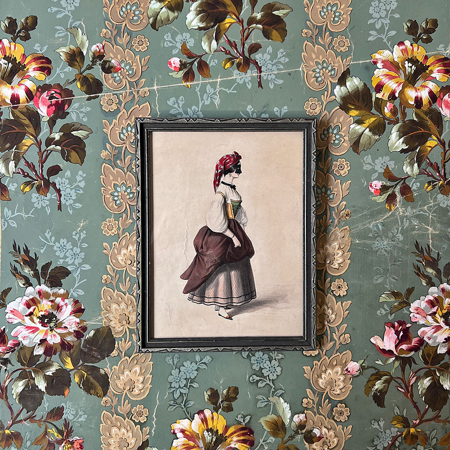 Woman with Mask Print in Vintage Frame