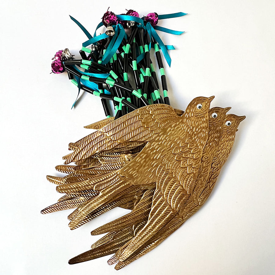 Brass Flying Swallow with Beads & Ribbon Wall Art