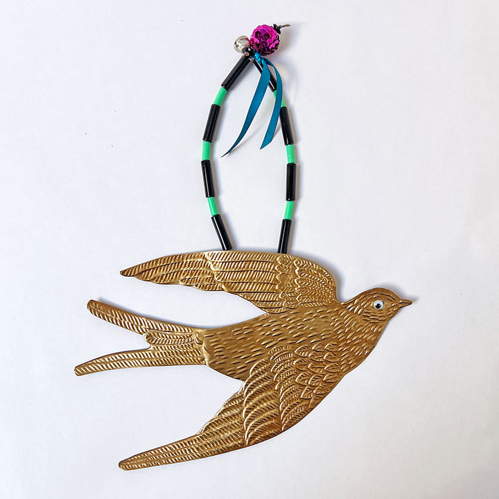 Brass Flying Swallow with Beads & Ribbon Wall Art
