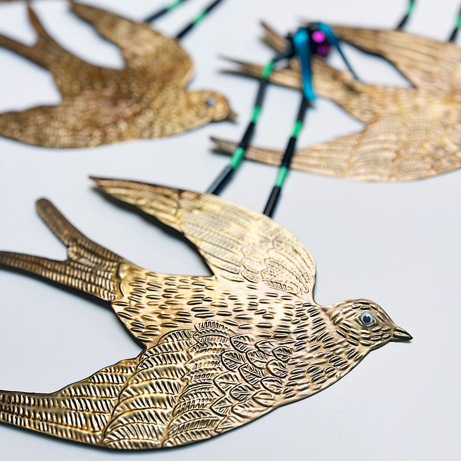 Brass Flying Swallow with Beads & Ribbon Wall Art