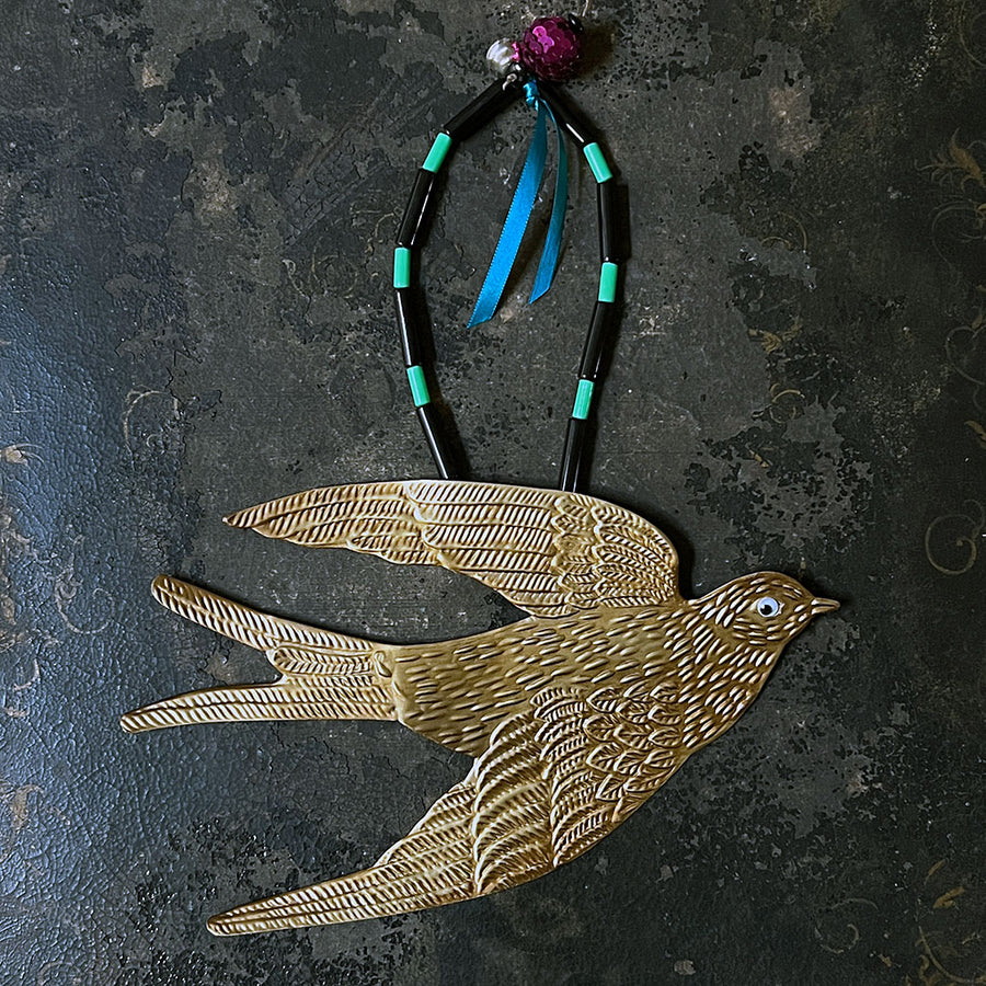 Brass Flying Swallow with Beads & Ribbon Wall Art
