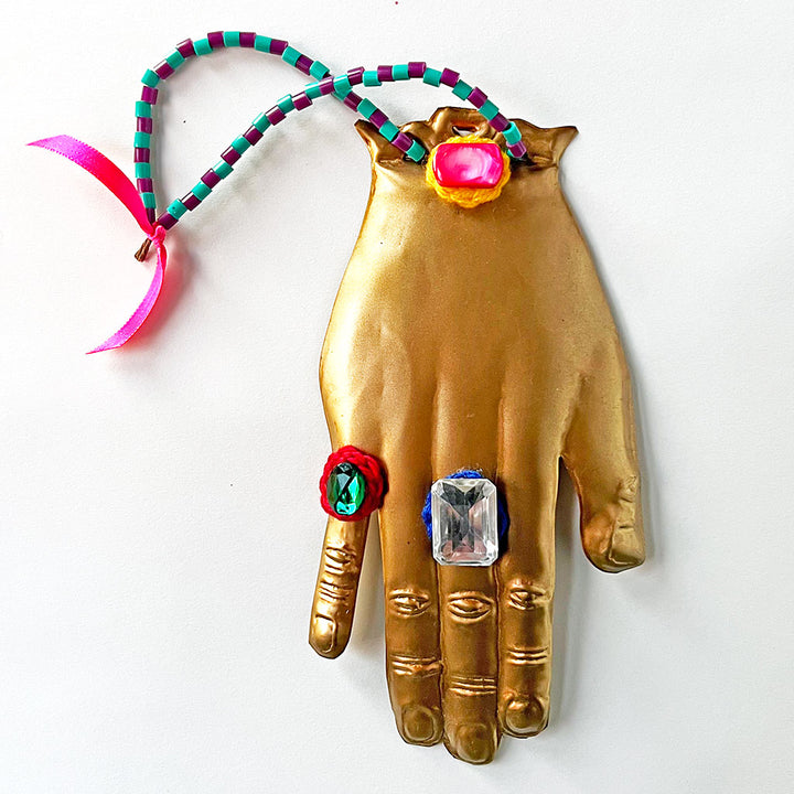 Jeweled Brass Hand with Purple & Teal Beads Wall Art