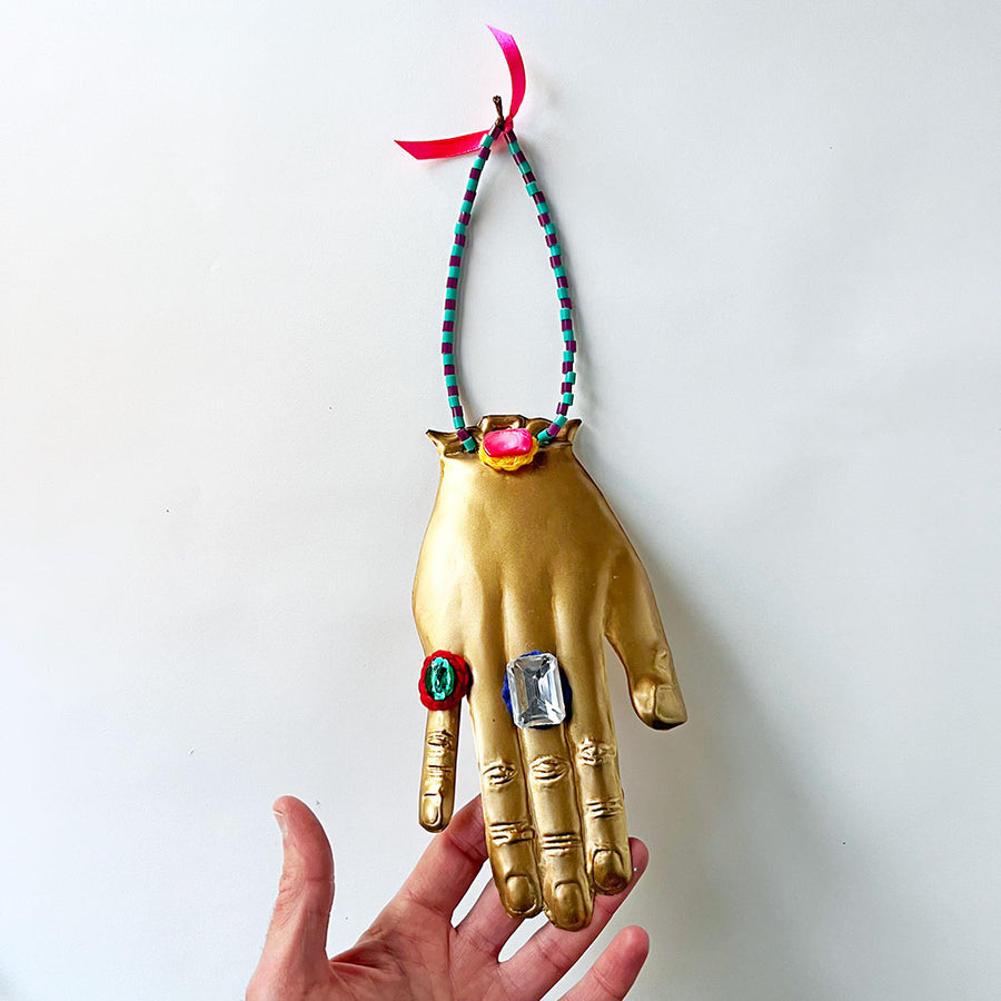 Jeweled Brass Hand with Purple & Teal Beads Wall Art
