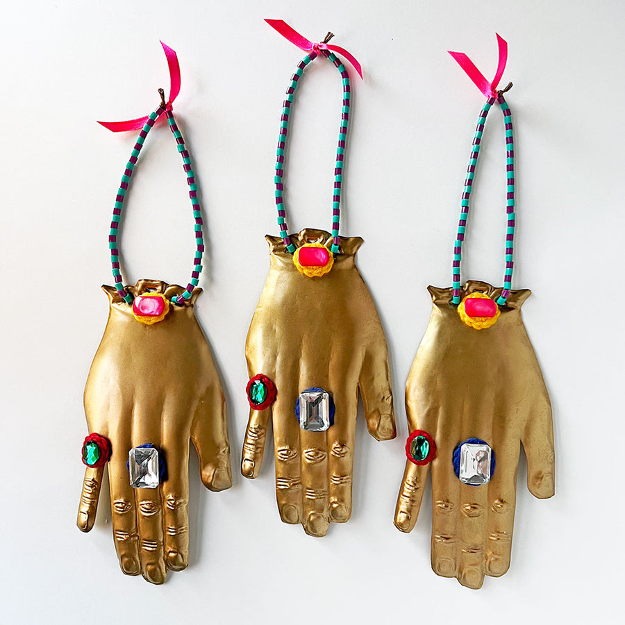 Jeweled Brass Hand with Purple & Teal Beads Wall Art