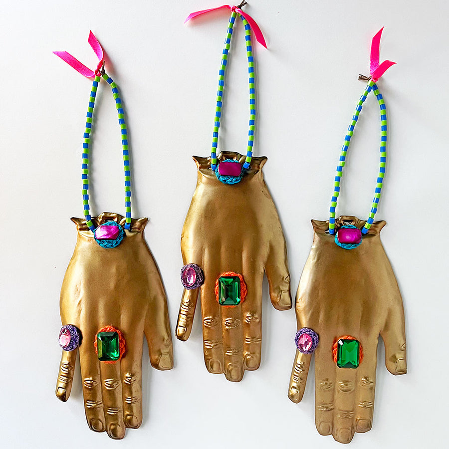 Jeweled Brass Hand with Blue & Green Beads Wall Art