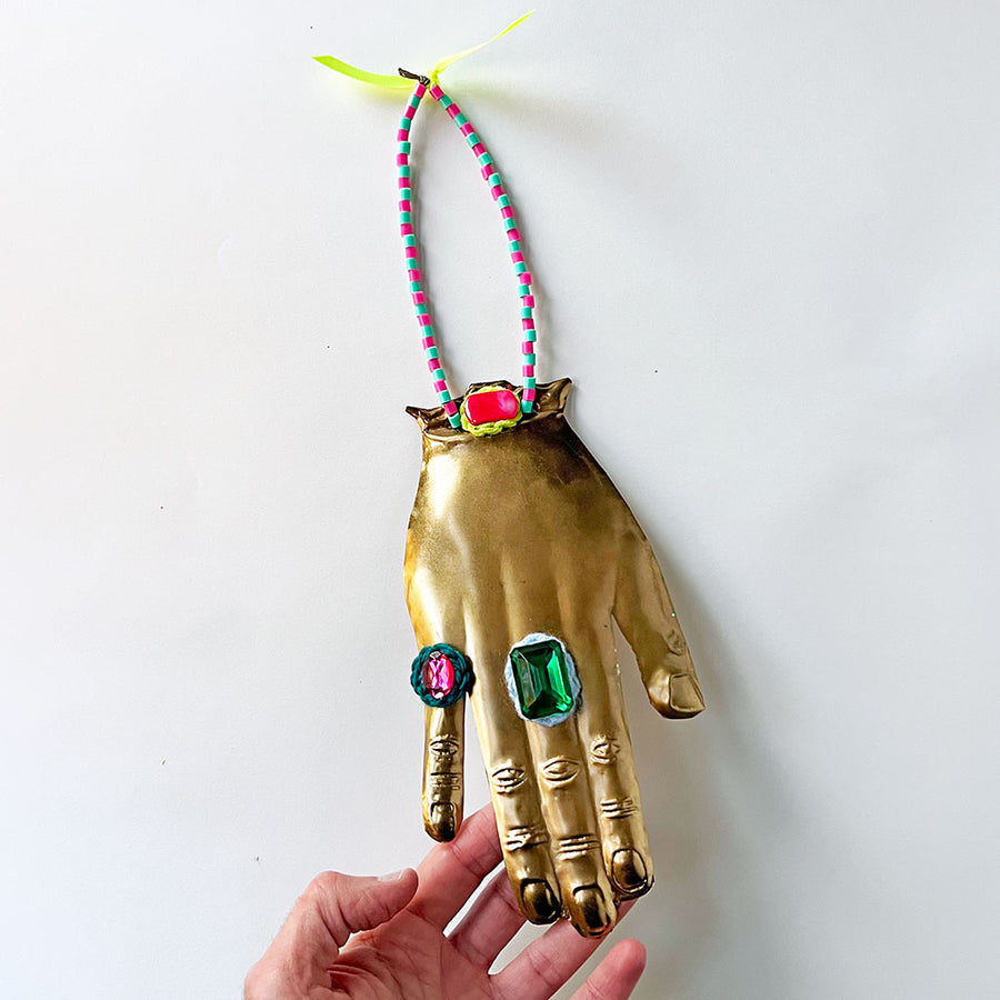 Jeweled Brass Hand with Pink & Blue Beads Wall Art