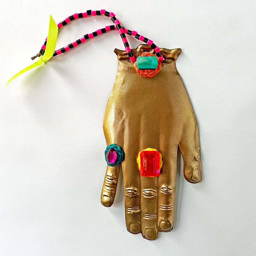 Jeweled Brass Hand with Pink & Black Beads Wall Art