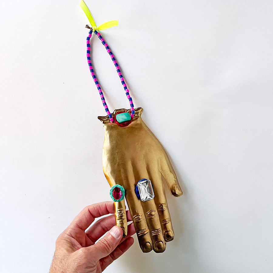 Jeweled Brass Hand with Purple & Navy Beads Wall Art