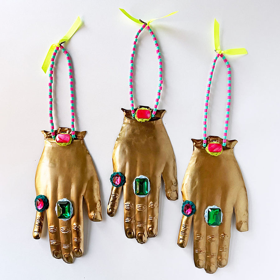 Jeweled Brass Hand with Pink & Blue Beads Wall Art