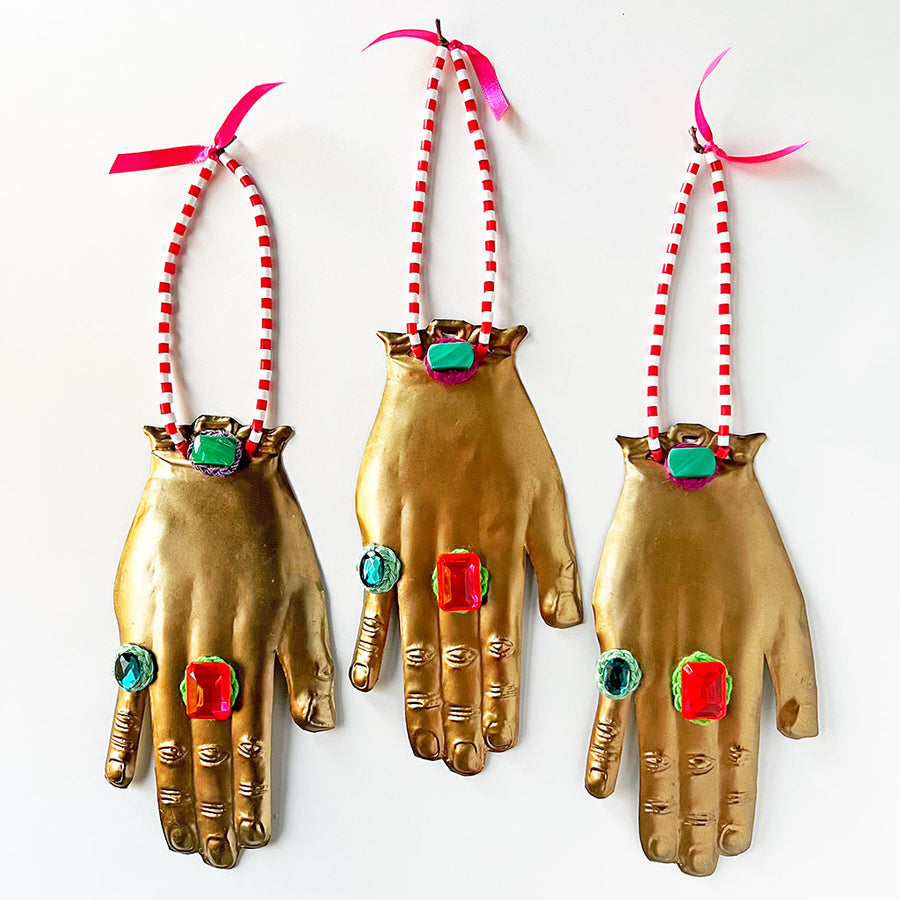 Jeweled Brass Hand with Red & White Beads Wall Art