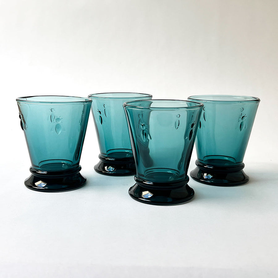 French Bee Drinking Glasses in Topaz Blue (Set of 4)