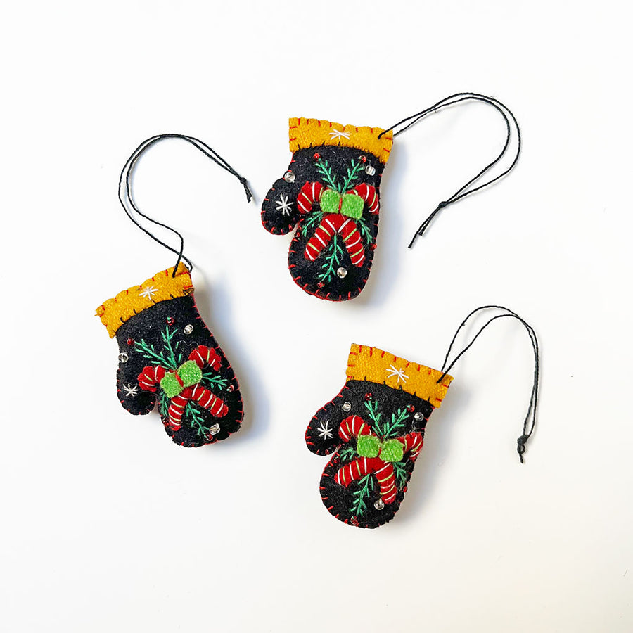 Stitched and Beaded Felt Small Mitten Ornament