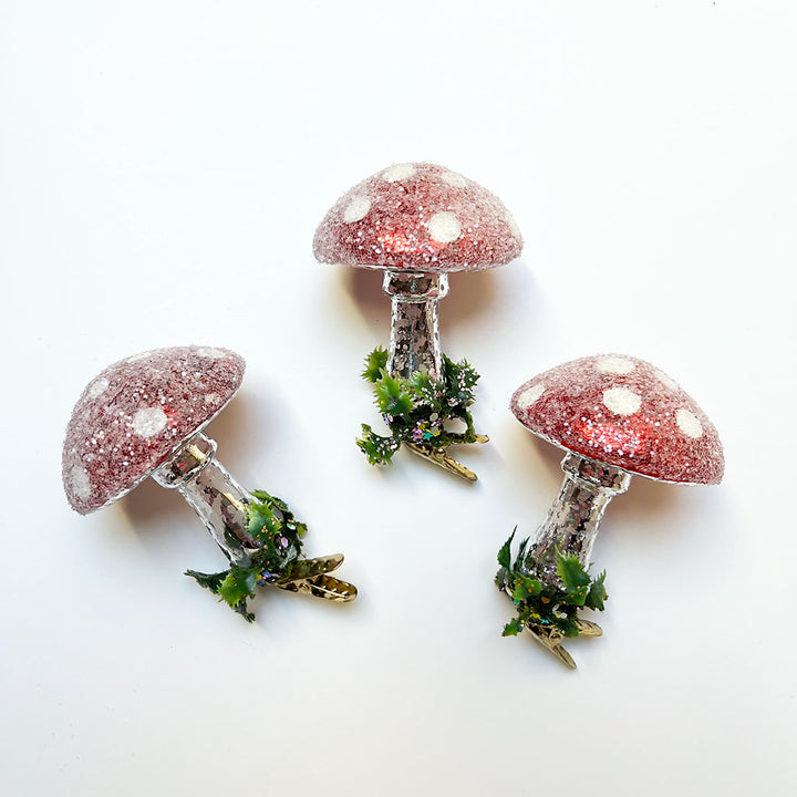 Mushroom with Holly Leaves Clip Glass Ornament