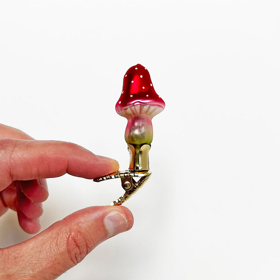 Small Mushroom with a Tall Red Cap Glass Clip Ornament