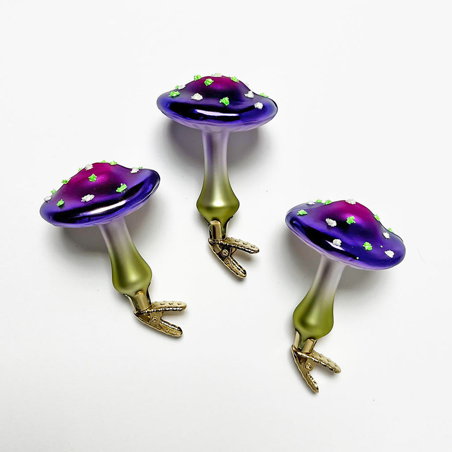 Glow in the Dark Spots Purple Cap Mushroom Glass Clip Ornament
