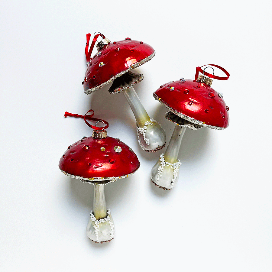 Red Cap with Crystals Large Mushroom Glass Ornament