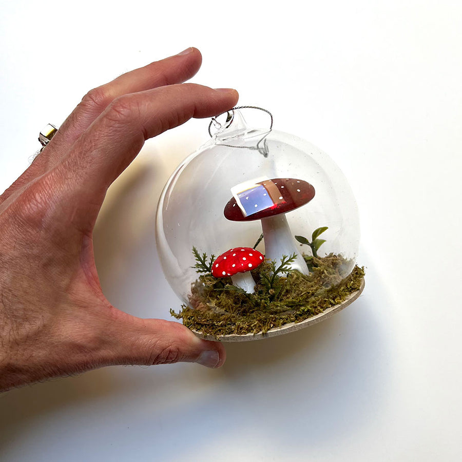 Red Cap Mushrooms in a Glass Globe Ornament