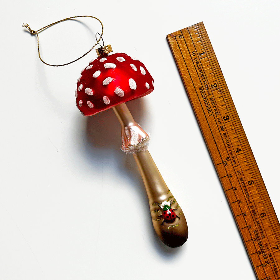 Tall Red Cap Mushroom with Lady Bug Glass Ornament