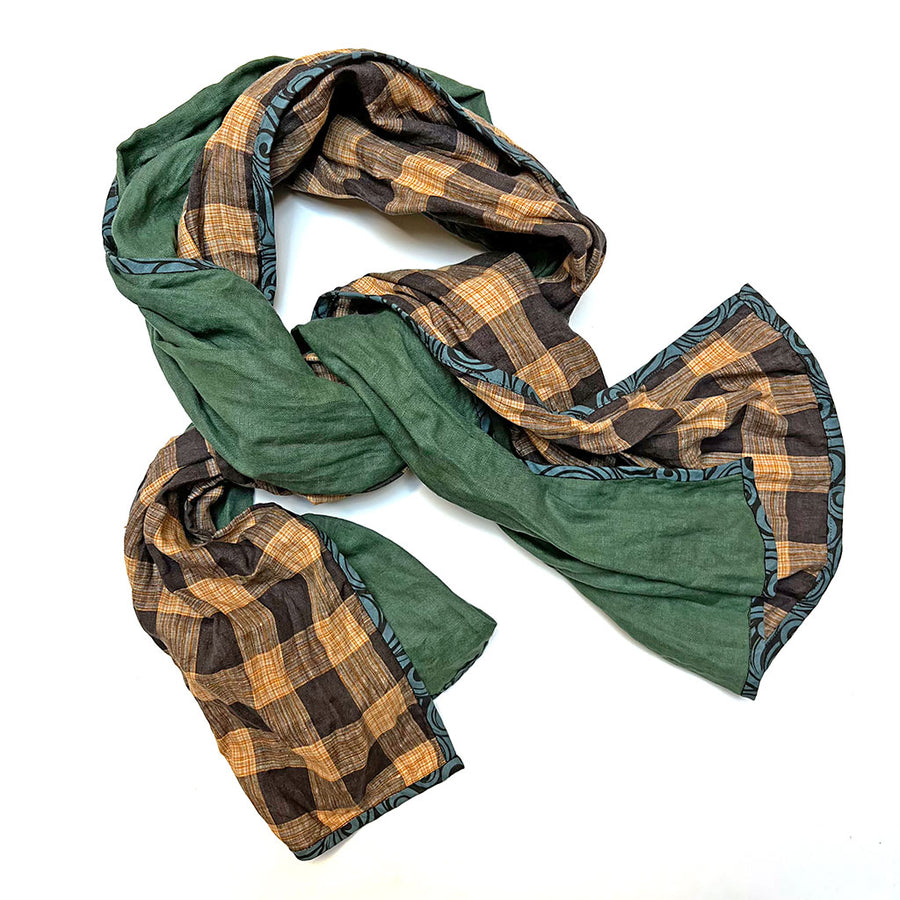 PATCH NYC Leaf Green with Cocoa & Amber Check Mixed Fabric Scarf