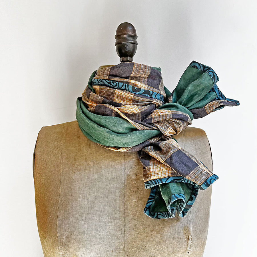 PATCH NYC Leaf Green with Cocoa & Amber Check Mixed Fabric Scarf