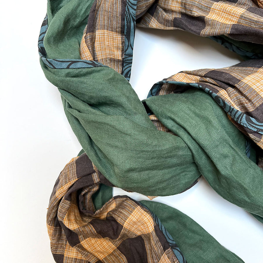 PATCH NYC Sage Green & Mustard, Brown Check Mixed Fabric Scarf