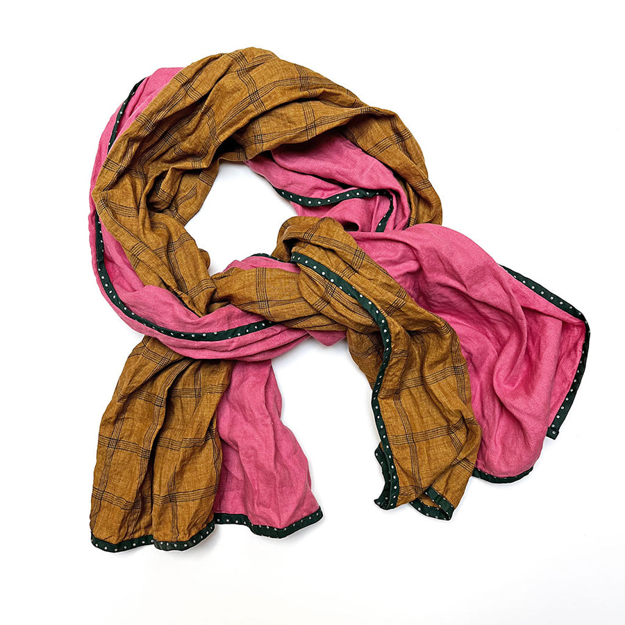 PATCH NYC Coral Pink with Golden Honey Windowpane Check Mixed Fabric Scarf