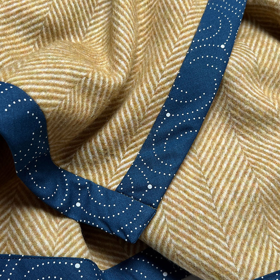 English Wool Chevron Throw Blanket with Contrast Cotton Border: Golden Saffron Yellow